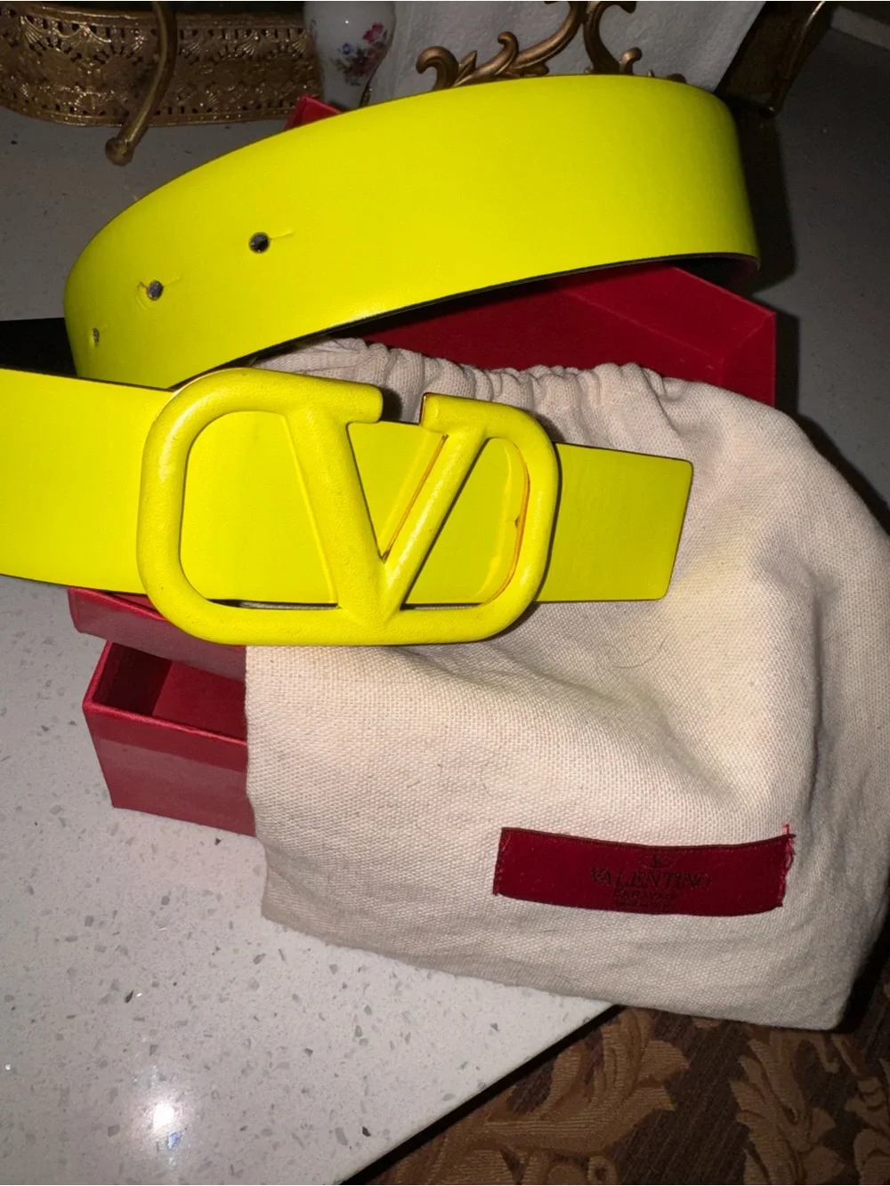 Valentino Garavani Reversible Neon Yellow V Logo Leather Belt Fluo